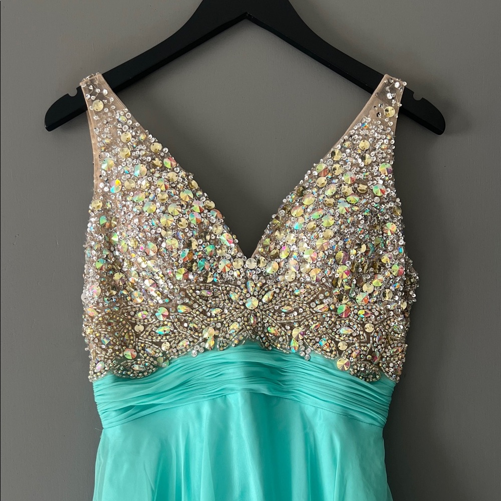 Aspeed Aqua and Gold Embellished Prom Dress
